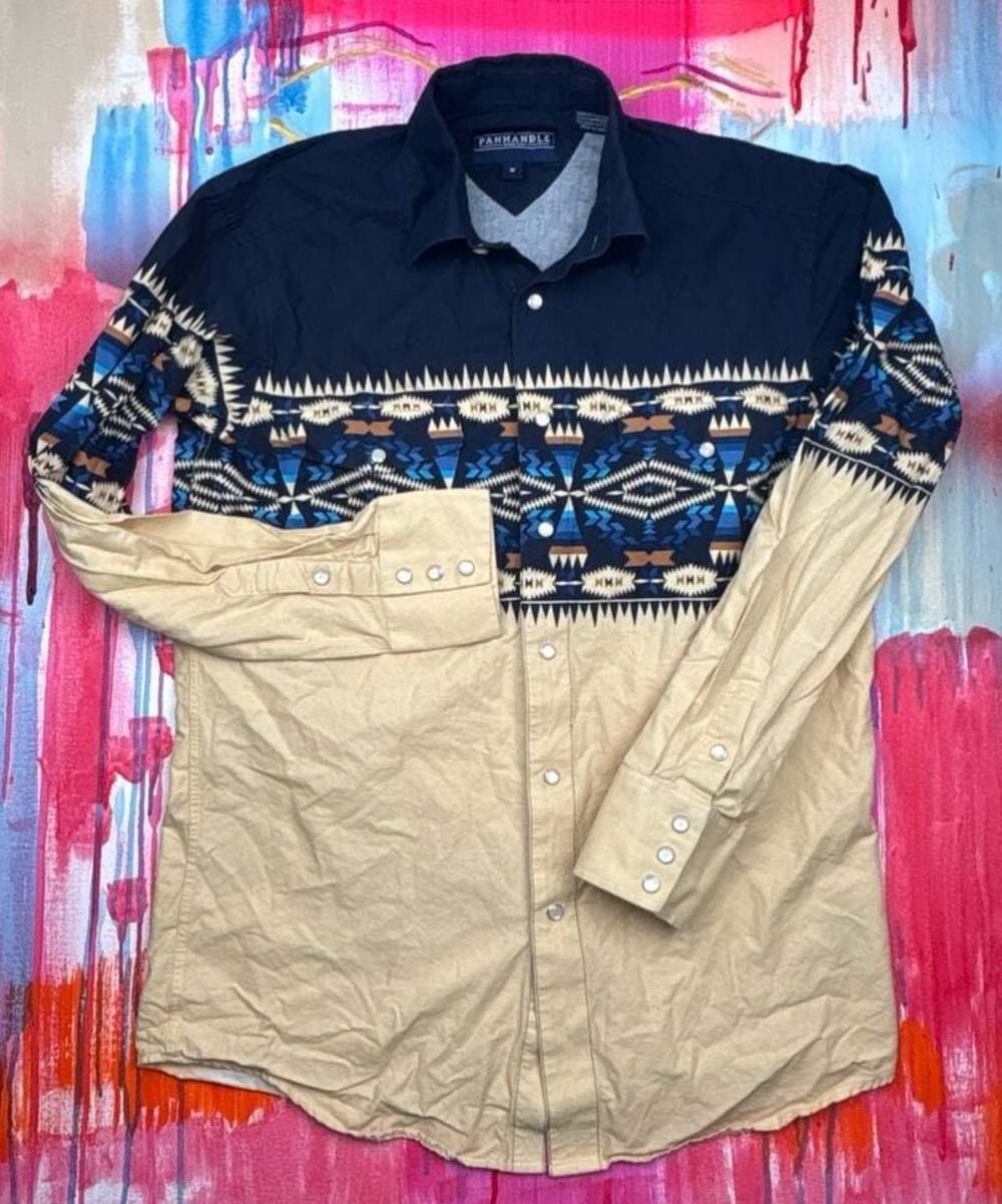 Panhandle Men's Southwestern Aztec Print Pearl Snap Western Shirt Navy/Tan